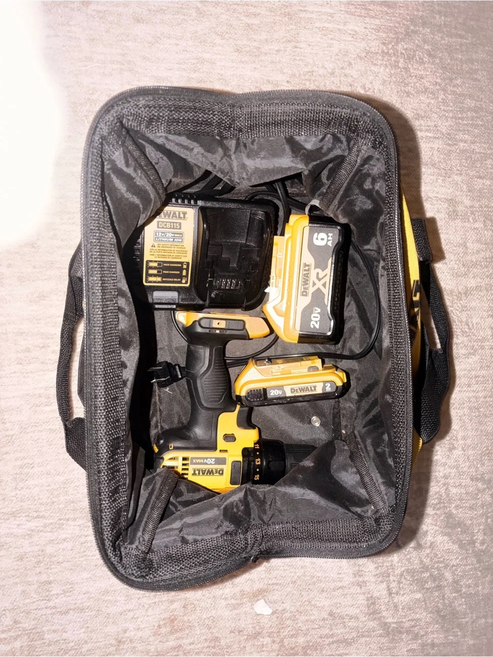 DEWALT 20V MAX Cordless Drill Kit + 6Ah XR & 2Ah Batteries, Charger & Bag